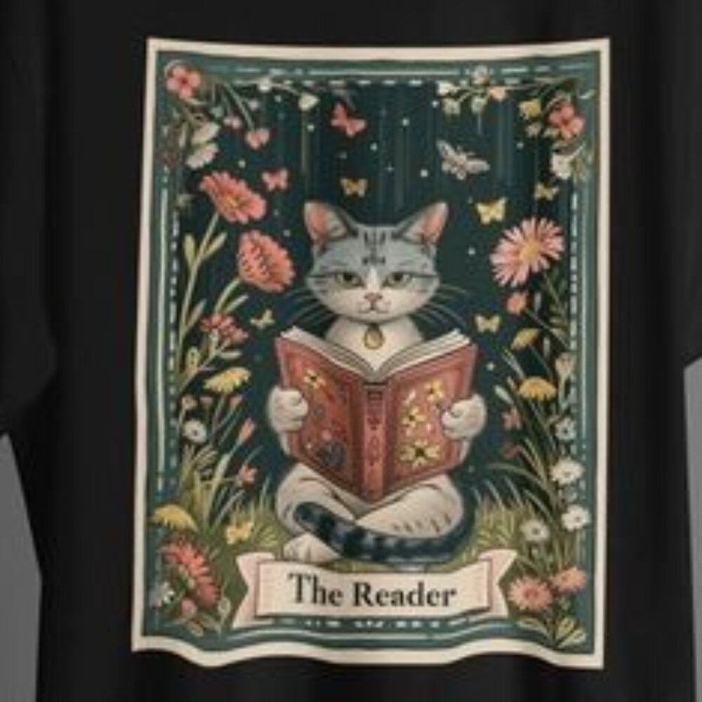 Whimsical Cat Tarot T-Shirt, The Reader Cat Card Design Wildflowers Cute Cat Tee View 2